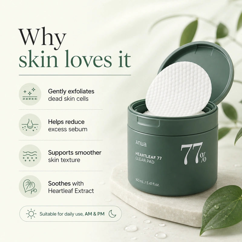 Anua Heartleaf 77 Clear Pad – Daily Exfoliating Toner Pads للبشرة الدهنية والمسام
