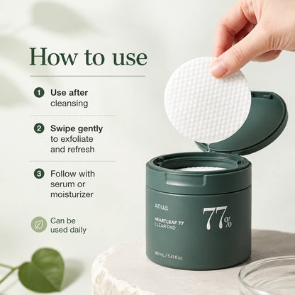 Anua Heartleaf 77 Clear Pad – Daily Exfoliating Toner Pads للبشرة الدهنية والمسام