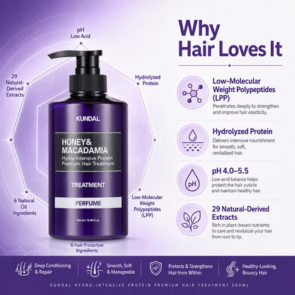 KUNDAL Honey & Macadamia Hydro-Intensive Protein Premium Hair Treatment 500ml | ماسك علاج الشعر بالعسل والمكاديميا للشعر الجاف والتالف