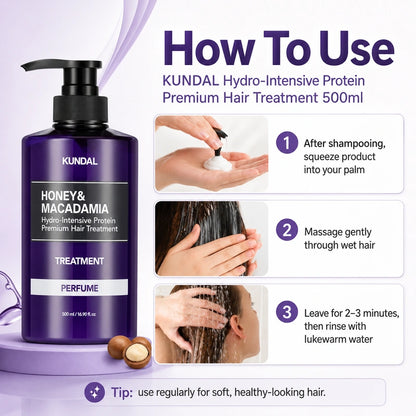 KUNDAL Honey & Macadamia Hydro-Intensive Protein Premium Hair Treatment 500ml | ماسك علاج الشعر بالعسل والمكاديميا للشعر الجاف والتالف