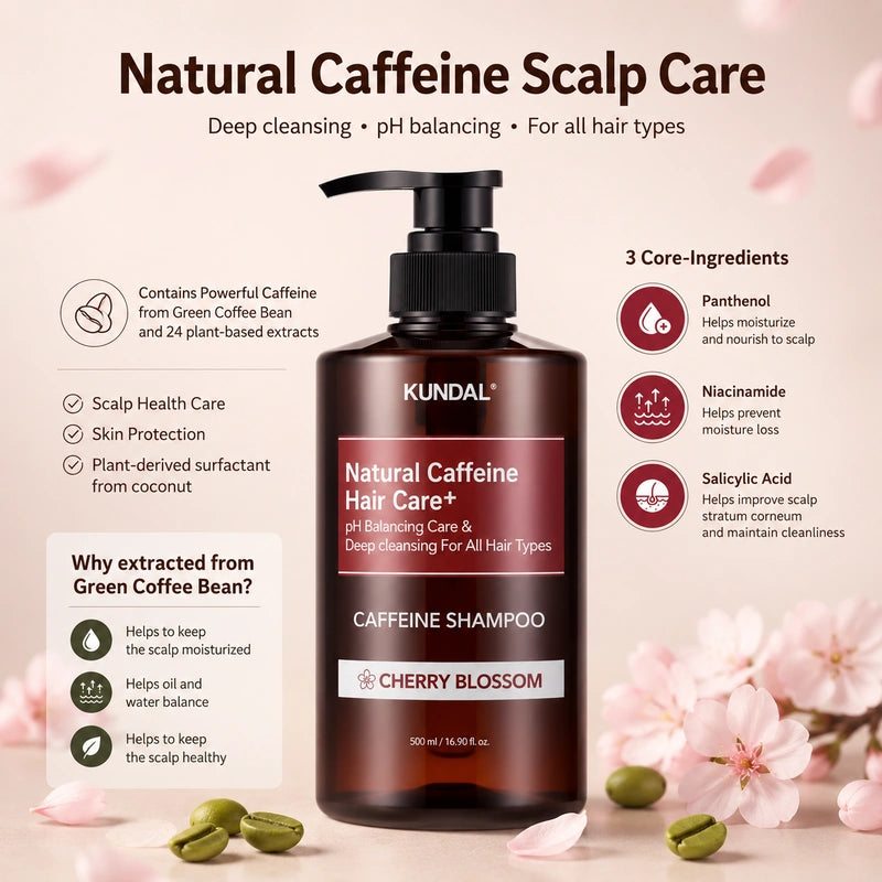 KUNDAL Natural Caffeine Hair Care+ Shampoo Cherry Blossom 500ml | شامبو كافيين للعناية بفروة الرأس والشعر
