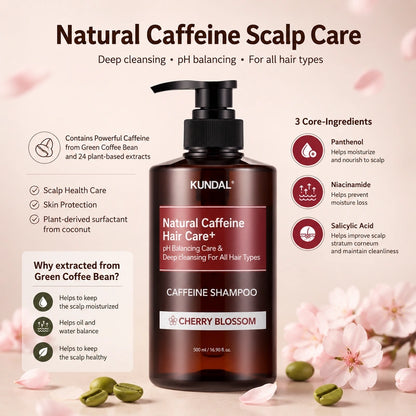 KUNDAL Natural Caffeine Hair Care+ Shampoo Cherry Blossom 500ml | شامبو كافيين للعناية بفروة الرأس والشعر