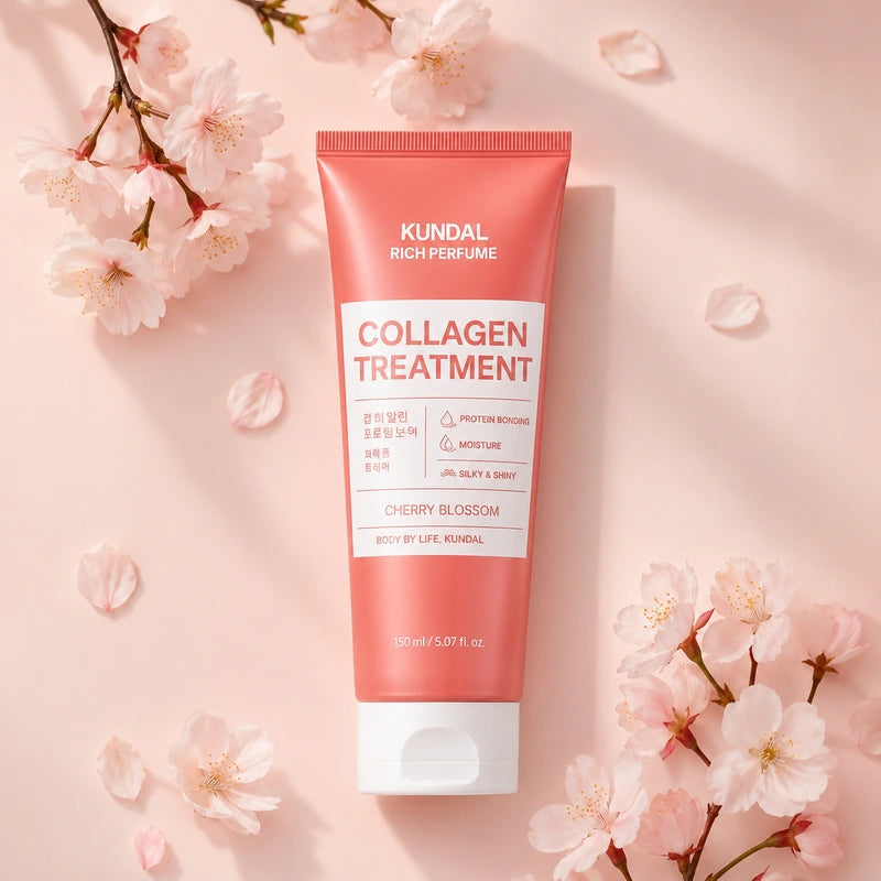 KUNDAL Rich Perfume Collagen Treatment Cherry Blossom 150ml – Hair Moisturizing Treatment for Silky & Shiny Hair | علاج كولاجين للشعر برائحة Cherry Blossom
